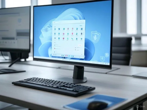 A computer monitor displays security and privacy icons in a modern, clean office setting.