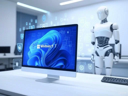 A robot standing behind a computer with Windows 11 in a high-tech, futuristic office setting.
