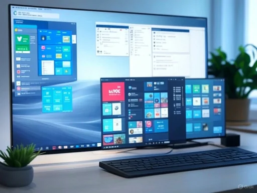 A multi-screen computer setup with a large display, a laptop window, a keyboard, and a potted plant on a desk.