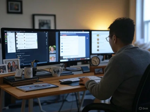 A person working at a desk with three computer monitors, surrounded by family photos and office supplies. A person working at a desk with three computer monitors, surrounded by family photos and office supplies.