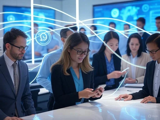 A diverse group of professionals in a modern conference room using smartphones, with digital graphics overlay representing technology.