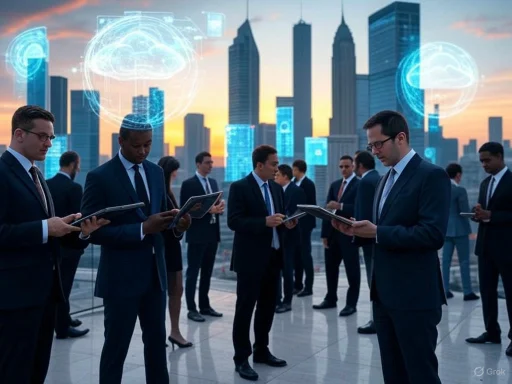 Business professionals using tablets outdoors with futuristic digital holograms and city skyline at sunset.