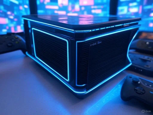 A gaming console with glowing blue LED lights, surrounded by game controllers in a tech gaming setup. A gaming console with glowing blue LED lights, surrounded by game controllers in a tech gaming setup.