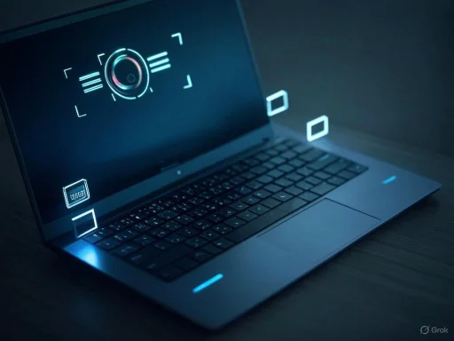 A laptop with a camera scan interface overlay on the screen, set against a dark background. A laptop with a camera scan interface overlay on the screen, set against a dark background.