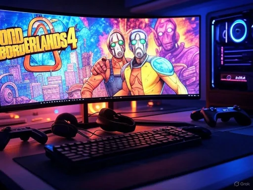 A gaming setup featuring a colorful 'Borderlands 4' poster on a computer monitor, surrounded by gaming controllers, headphones, and RGB lighting.