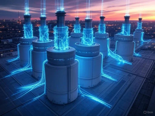 Futuristic energy plants with glowing blue electrical discharges emitting from exhaust stacks at sunset.