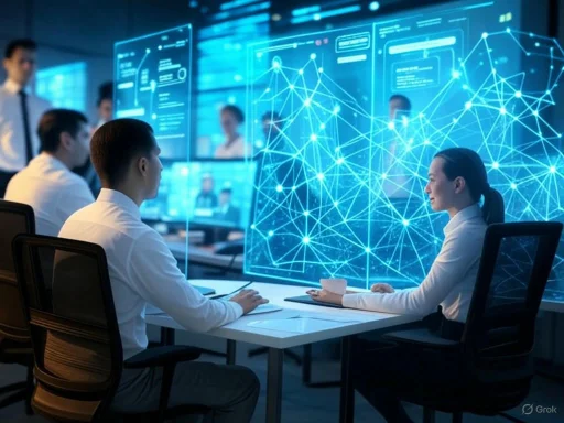 Team of professionals analyzes advanced data visualizations and network models on holographic screens in a high-tech office. Team of professionals analyzes advanced data visualizations and network models on holographic screens in a high-tech office.