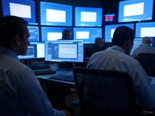 Cybersecurity analysts monitoring multiple screens in a dark control room.