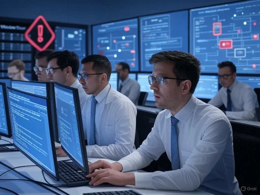 Team of analysts monitoring cybersecurity threats on multiple screens in a control room.