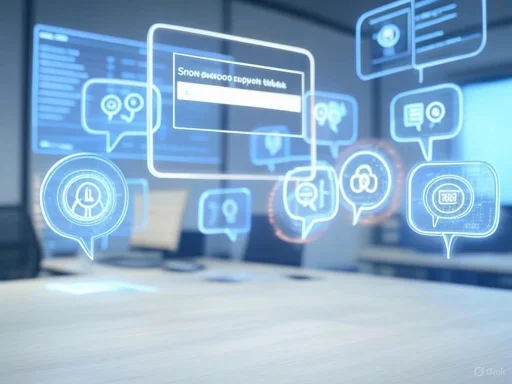 Futuristic digital interface projecting various icons and chat bubbles in a modern office setting.