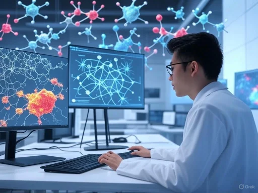 A scientist studies molecular models and computer simulations of viruses in a high-tech laboratory.