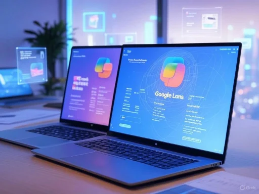 Laptops display digital interfaces related to Google Lens technology, set in a modern, tech-focused workspace.