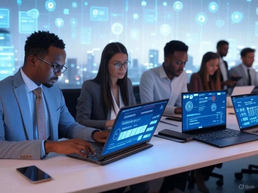 Business professionals analyze data on laptops in a high-tech conference room.