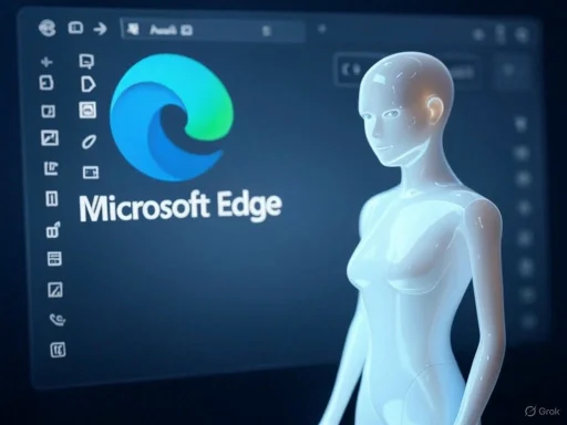 A digital humanoid robot stands in front of a computer screen displaying the Microsoft Edge logo and interface. A digital humanoid robot stands in front of a computer screen displaying the Microsoft Edge logo and interface.