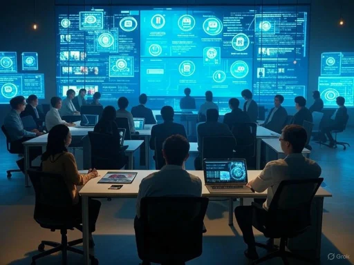 A high-tech control room with people monitoring multiple digital screens in a cyber-themed environment.