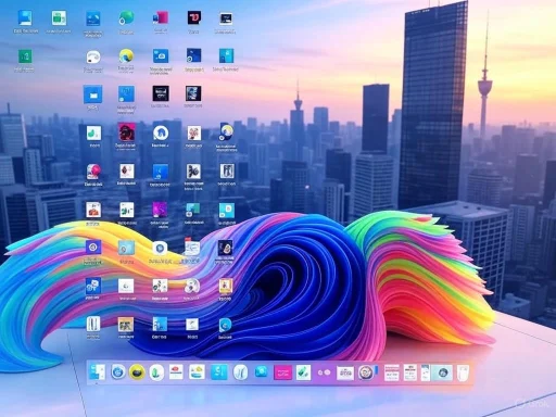 A computer desktop with a colorful rolled paper sculpture as the background, showing a city skyline at dusk.