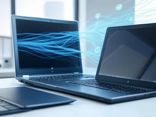 Two laptops with digital data streams connecting them, symbolizing data transfer or network connectivity.