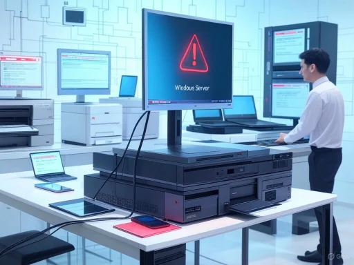 A man monitors multiple computer screens displaying a Windows Server error warning in a high-tech office environment.