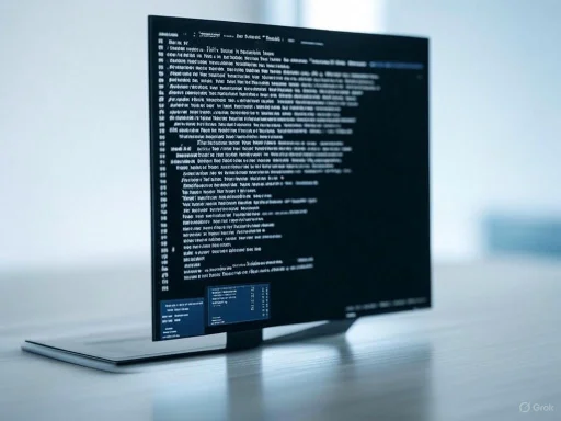 A computer monitor displays a black screen filled with white and blue text, suggesting coding or technical data.