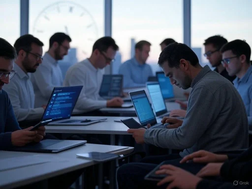 A group of professionals focus on their screens and devices during a meeting in a modern, well-lit office.