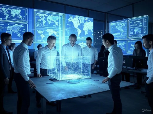 Team of professionals analyzing a holographic 3D map in a high-tech control room with digital world maps on screens.