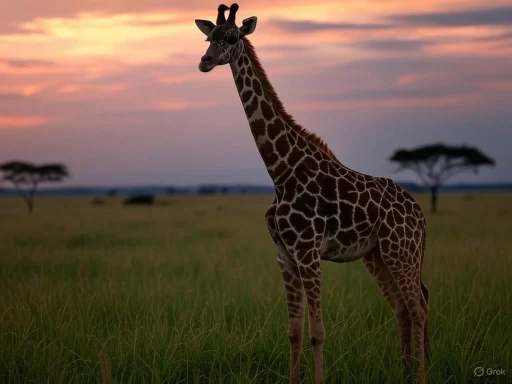 A giraffe standing in a grassy plain during sunset with a few distant trees in the background.