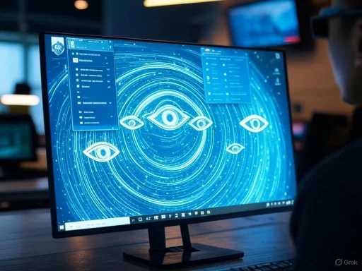 A person monitors a digital interface with eye icons and swirling data visuals on a large computer screen.
