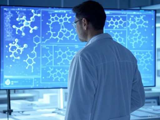 A scientist analyzes molecular structures on a digital screen in a laboratory setting.