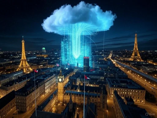 A futuristic depiction of a digital explosion over Paris, with the Eiffel Tower illuminated beneath a glowing, cloud-like digital cloud.