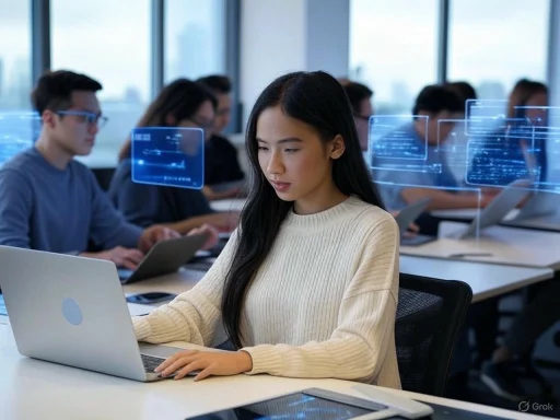 A woman working on a laptop in a modern office with holographic screens and colleagues in the background.