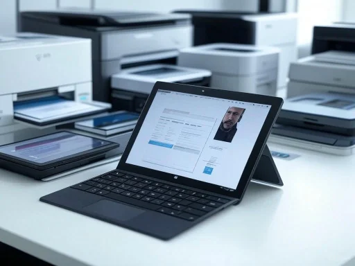 A tablet displays a digital form and a man's photo on a desk surrounded by multiple printers in an office setting.