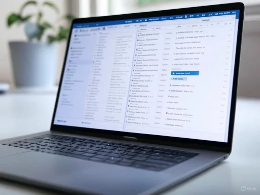 A laptop displaying an email inbox on a desk with a blurred potted plant in the background.