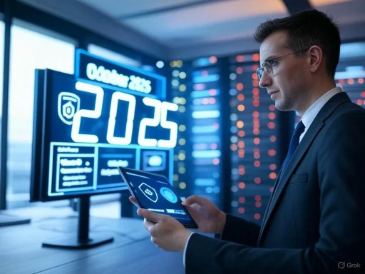A businessman using a tablet in a high-tech control room with digital security and data displays.