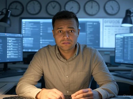 A man looks concerned or surprised while working in a high-tech office environment filled with multiple monitors. A man looks concerned or surprised while working in a high-tech office environment filled with multiple monitors.