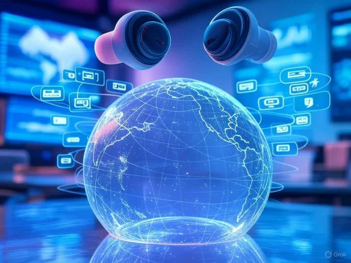 Illustration of global connectivity with floating earbuds and digital icons around a holographic Earth.