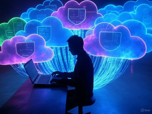 A person working on a laptop surrounded by glowing cloud icons and digital data streams, symbolizing cloud computing or data analysis.