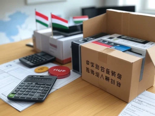 A desk with a cardboard box of office supplies, calculators, flags, and documents. A desk with a cardboard box of office supplies, calculators, flags, and documents.