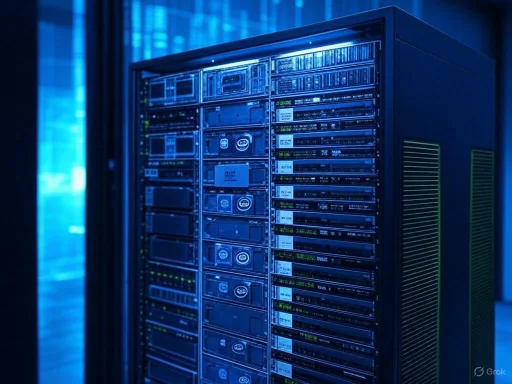 A close-up view of a blue-lit data server rack in a high-tech data center. A close-up view of a blue-lit data server rack in a high-tech data center.
