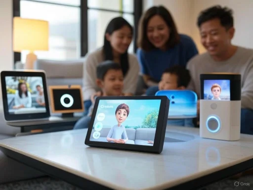 A family using smart devices, including a tablet and video call gadgets, in a cozy living room.