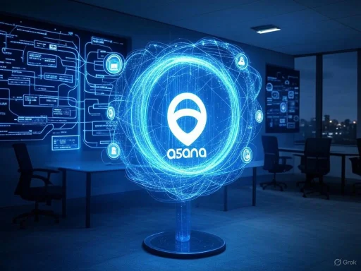A digital hologram of the Asana logo surrounded by cybersecurity icons in a modern office setting.