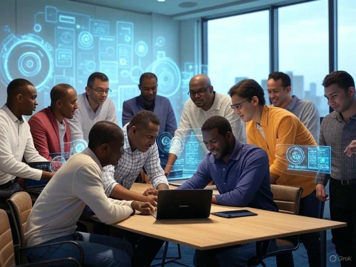A diverse group of professionals collaborates around a laptop in a modern office with digital holographic displays. A diverse group of professionals collaborates around a laptop in a modern office with digital holographic displays.