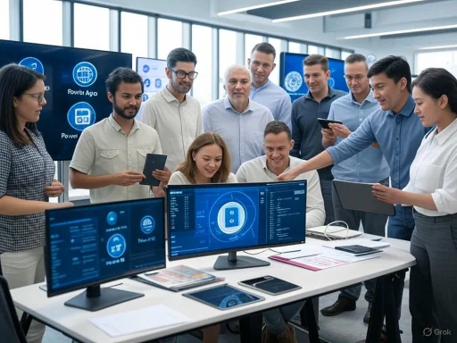 Team of professionals collaborating around computer screens in a modern conference room. Team of professionals collaborating around computer screens in a modern conference room.