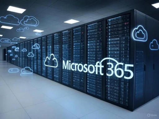 A modern data center with servers is overlaid with neon cloud icons and the 'Microsoft 365' logo.