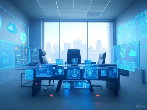 A modern office with holographic digital security interfaces displayed around a desk overlooking a city skyline.