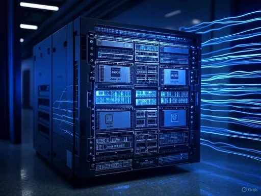 A high-tech server rack in a data center illuminated by blue lighting and digital light trails.