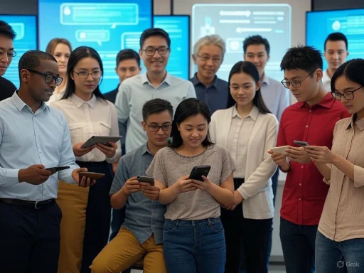 A diverse group of professionals using smartphones and tablets in a high-tech conference room. A diverse group of professionals using smartphones and tablets in a high-tech conference room.