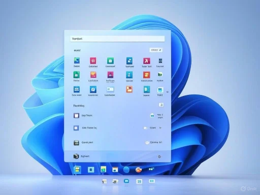 A screenshot of the Windows 11 Start Menu with app icons and a digital desktop background.