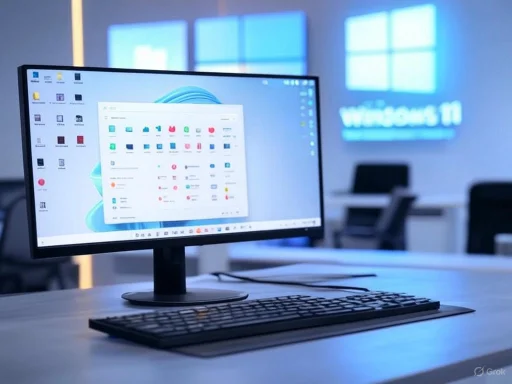 A computer setup on a desk in a modern office with Windows 11 displayed on the screen.