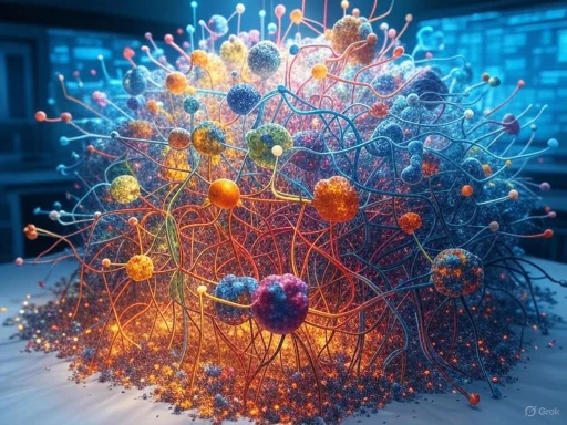 A colorful, abstract digital illustration of a complex, tangled network of interconnected spheres and lines.