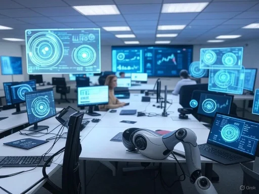 A high-tech control room with multiple monitors displaying futuristic data and a robotic arm in the foreground. A high-tech control room with multiple monitors displaying futuristic data and a robotic arm in the foreground.